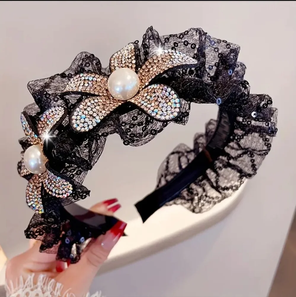 Black Lace Headband Embellished Faux Pearl and Rhinestone Sunflowers Side Tilt